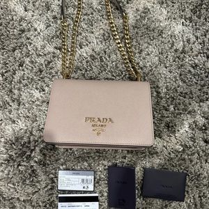 Prada Pattina New Chain Purse Beige Saffiano Leather